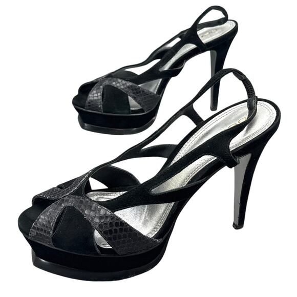 Bebe 90s Black Snake Suede Slingback Platform Stiletto Peep Toe Shoe Women 10B - Picture 3 of 8